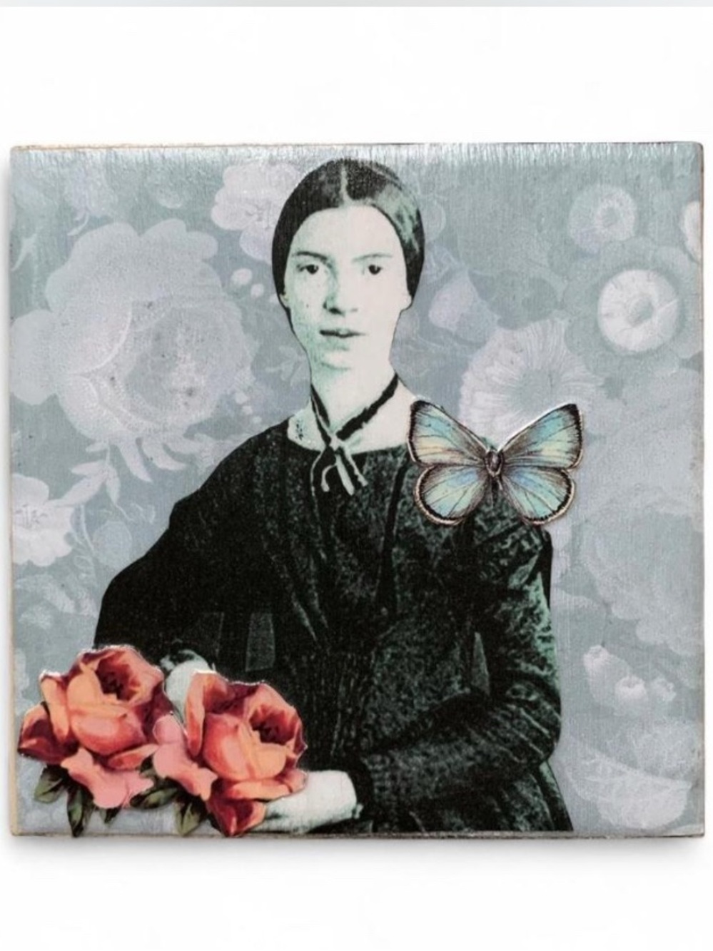 Emily Dickinson Mixed Media Collage  - Teal, Black & Coral Floral Accents